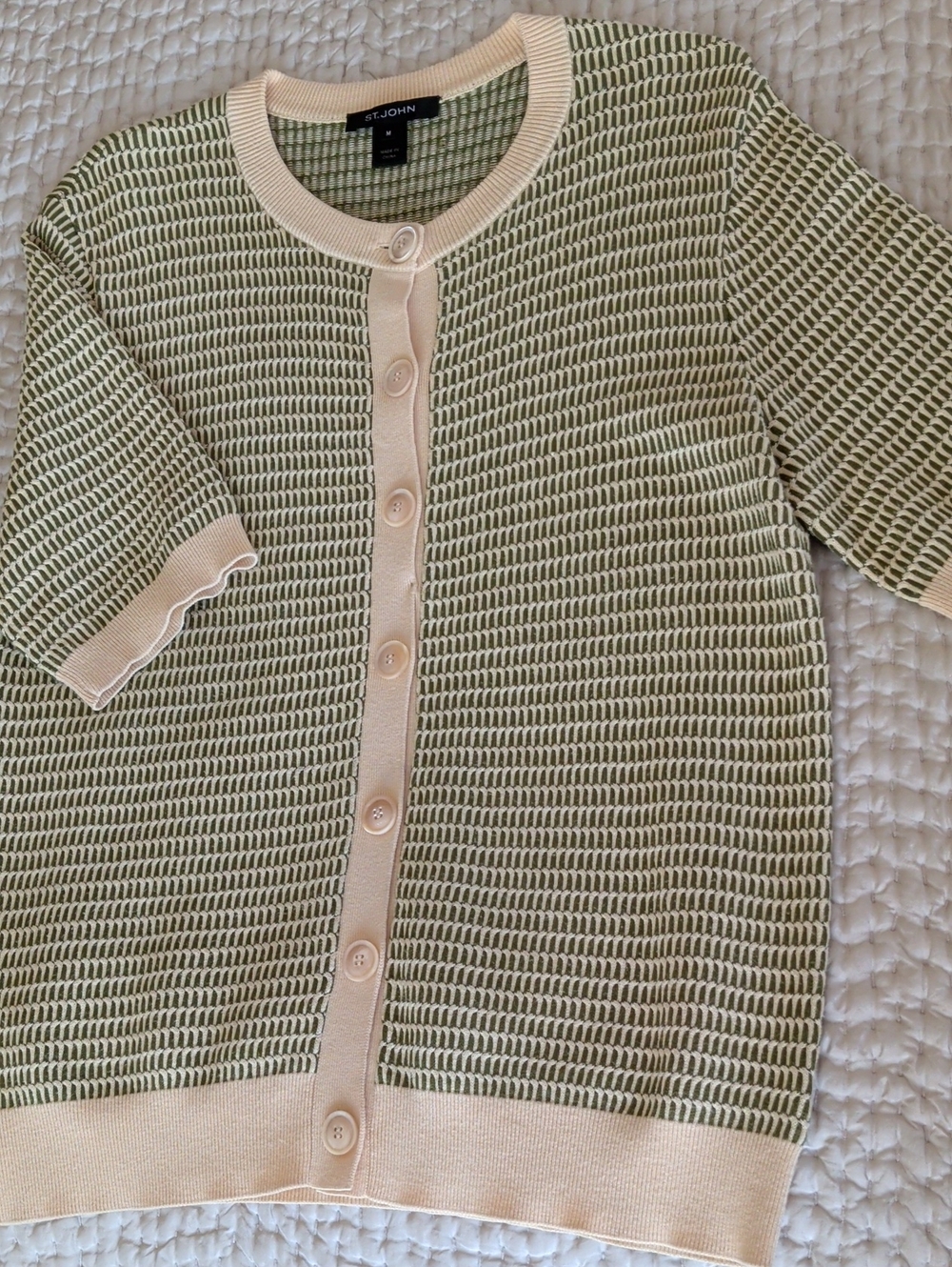 St. John Olive & Cream Short-Sleeve Knit Cardigan